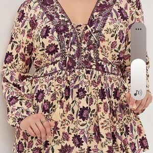 Floral Boho Lace-Up Blouse in Cream and Plum